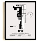 Framed Detailed Airport Map of Henderson Executive Airport (HND) in White with a Black Frame