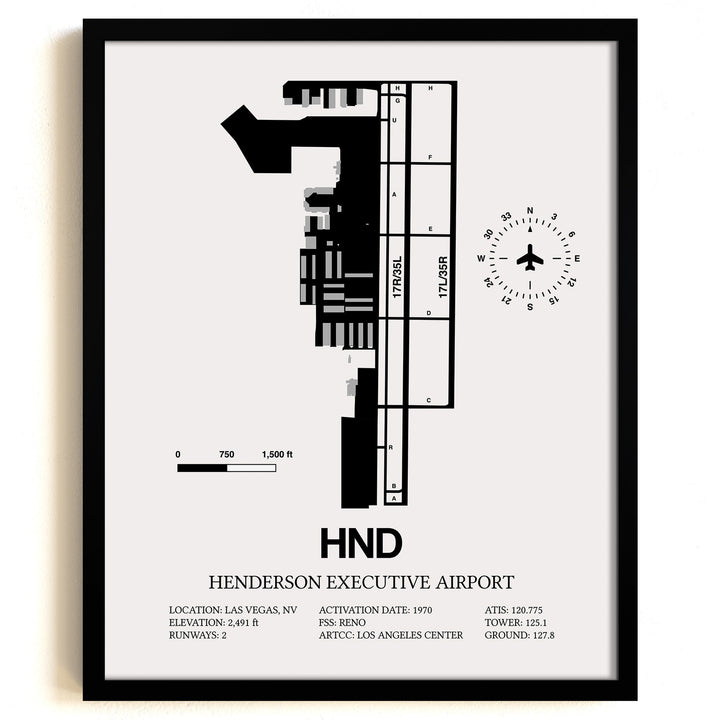 Framed Detailed Airport Map of Henderson Executive Airport (HND) in White with a Black Frame