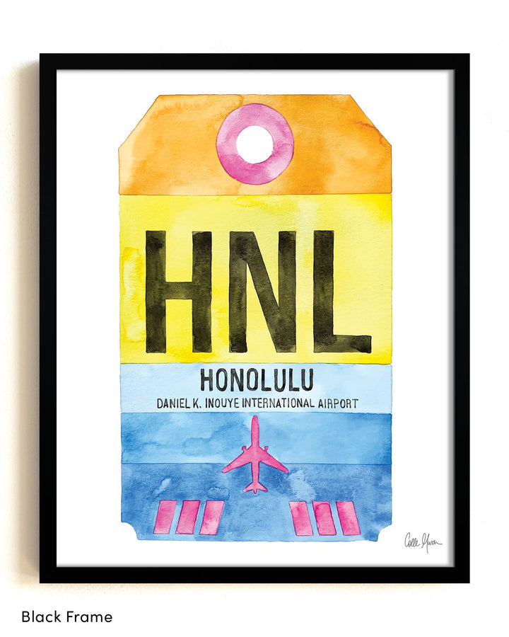 Framed Watercolor Print of Daniel K. Inouye International Airport (HNL) with a Black Frame