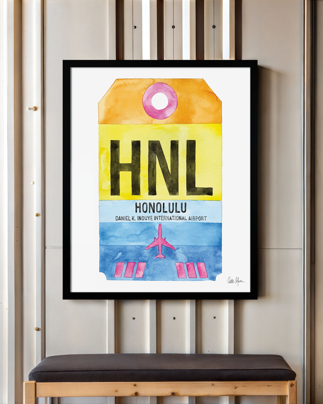 Framed Watercolor Print of Daniel K. Inouye International Airport (HNL) with a Black Frame