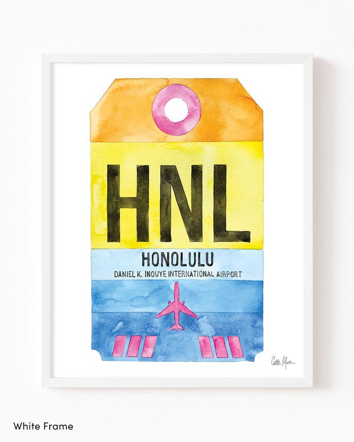 Framed Watercolor Print of Daniel K. Inouye International Airport (HNL) with a White Frame