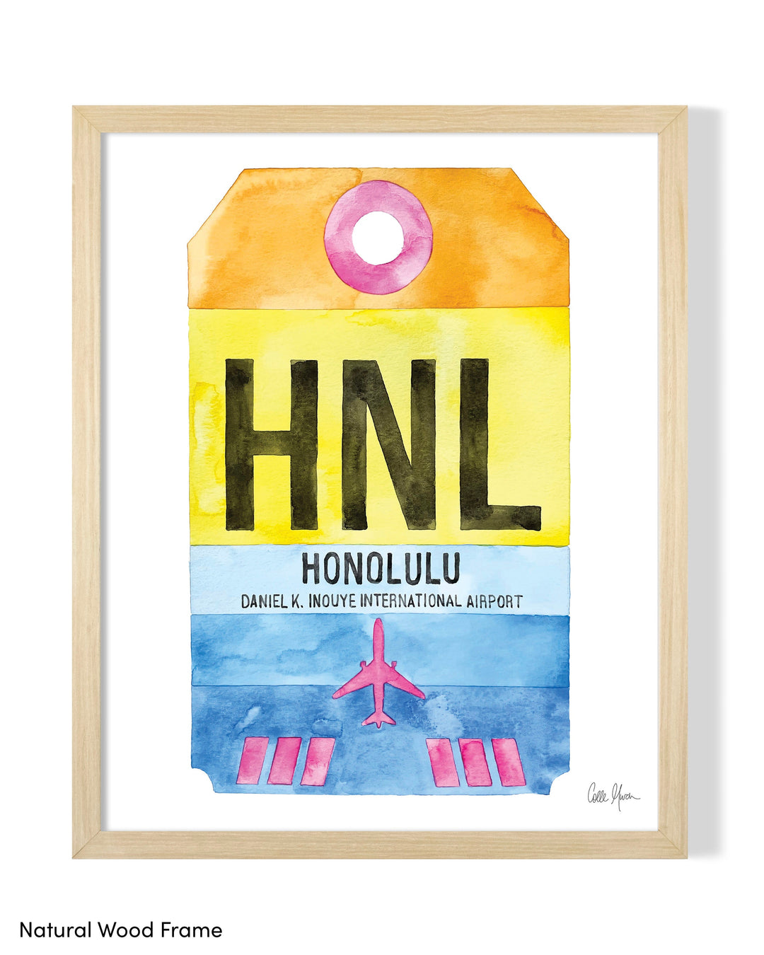 Framed Watercolor Print of Daniel K. Inouye International Airport (HNL) with a Natural Wood Frame