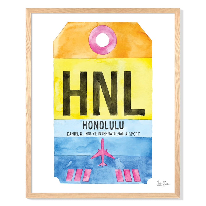 Framed Watercolor Print of Daniel K. Inouye International Airport (HNL) with an Oak Frame
