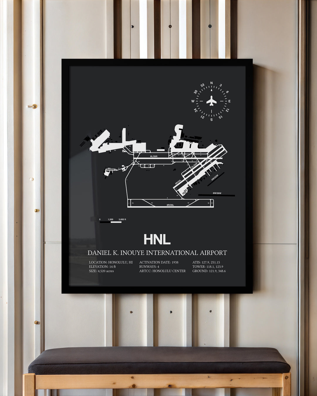 Framed Detailed Airport Map of Daniel K Inouye International Airport (HNL) in Gray with a Black Frame