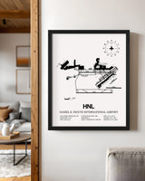 Framed Detailed Airport Map of Daniel K Inouye International Airport (HNL) in White with a Black Frame