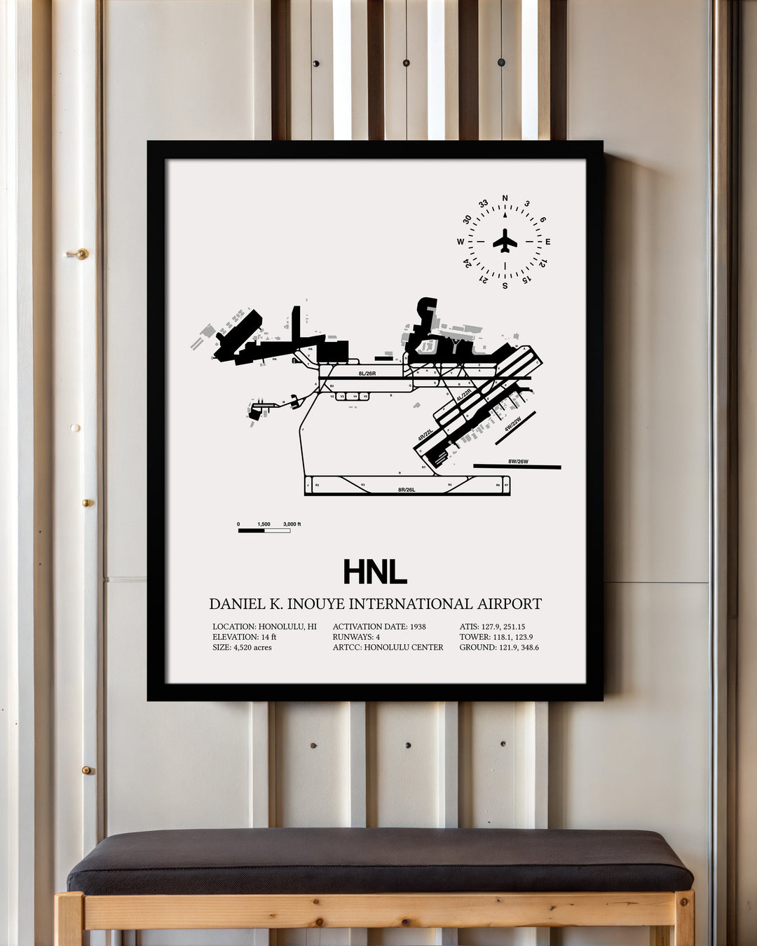 Framed Detailed Airport Map of Daniel K Inouye International Airport (HNL) in White with a Black Frame