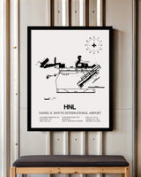 Framed Detailed Airport Map of Daniel K Inouye International Airport (HNL) in White with a Black Frame