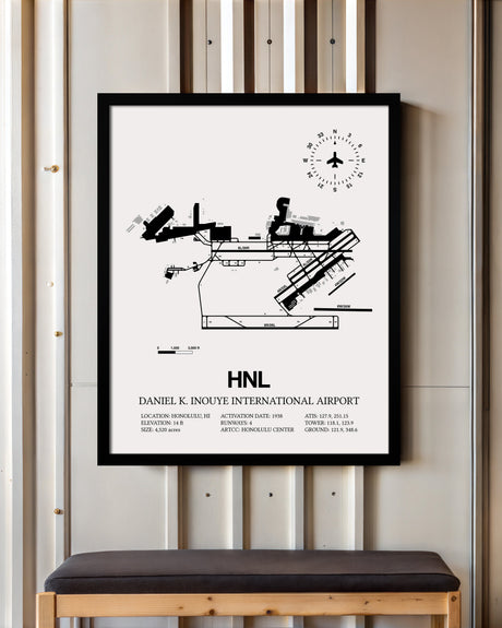 Framed Detailed Airport Map of Daniel K Inouye International Airport (HNL) in White with a Black Frame