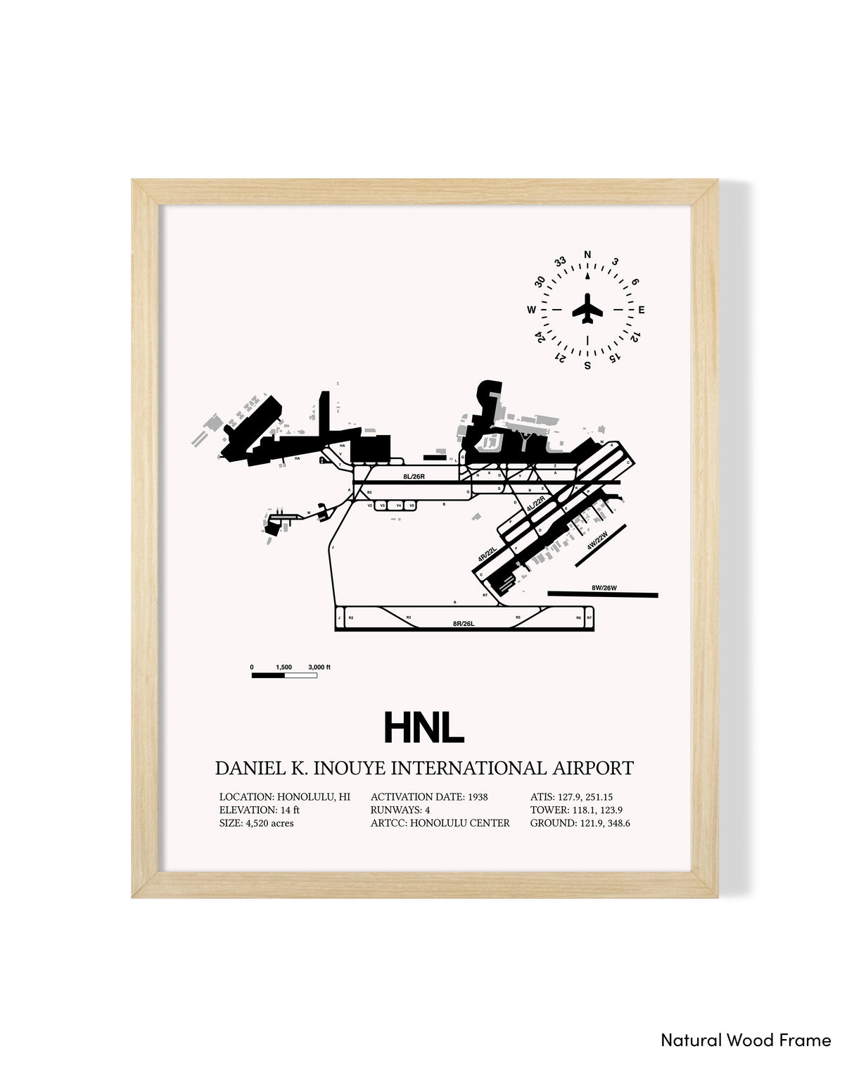 Detailed Airport Map of Daniel K Inouye International Airport (HNL) in White with a Natural Frame