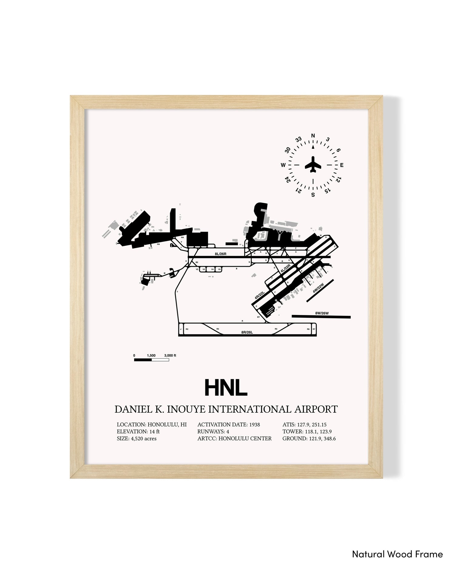 Detailed Airport Map of Daniel K Inouye International Airport (HNL) in White with a Natural Frame
