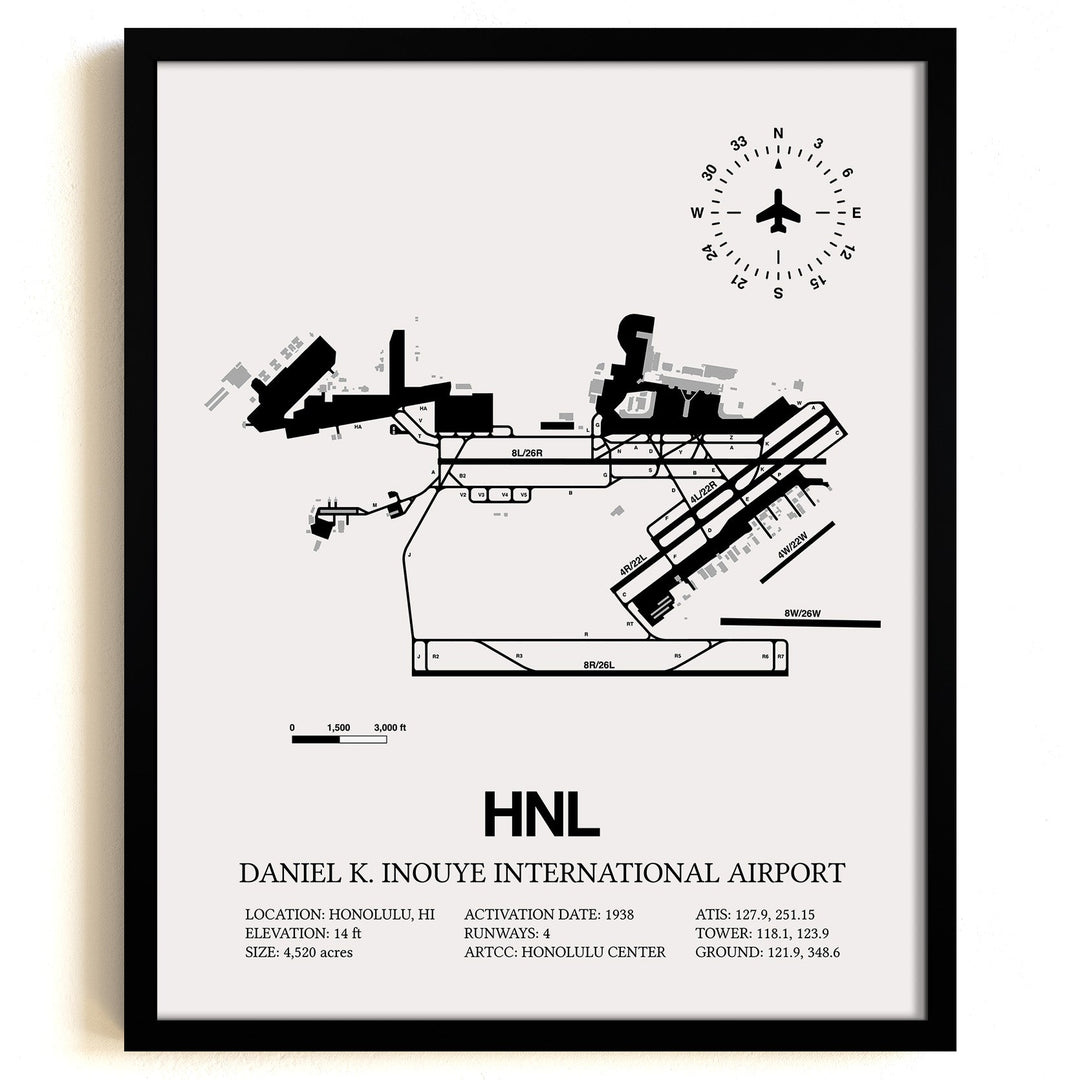 Framed Detailed Airport Map of Daniel K Inouye International Airport (HNL) in White with a Black Frame