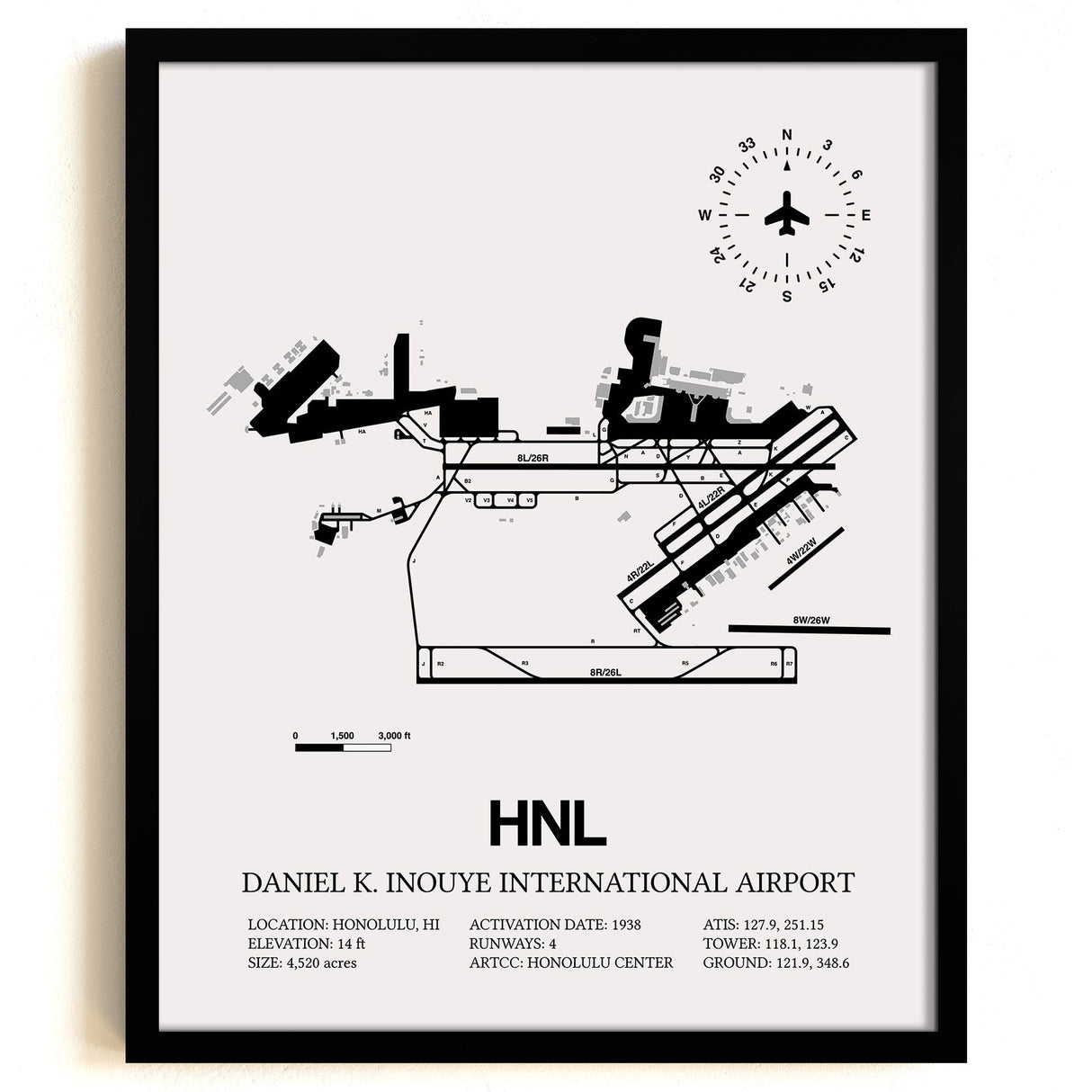 Framed Detailed Airport Map of Daniel K Inouye International Airport (HNL) in White with a Black Frame