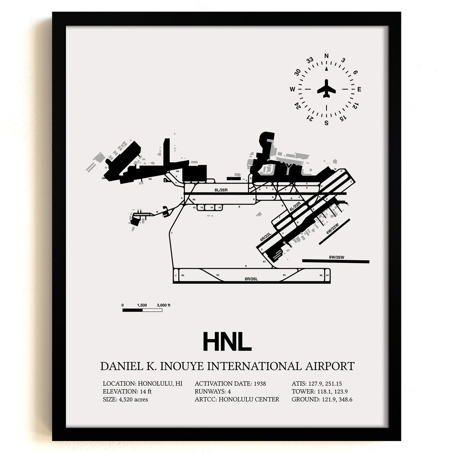Framed Detailed Airport Map of Daniel K Inouye International Airport (HNL) in White with a Black Frame
