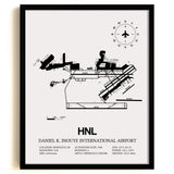 Framed Detailed Airport Map of Daniel K Inouye International Airport (HNL) in White with a Black Frame