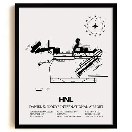 Framed Detailed Airport Map of Daniel K Inouye International Airport (HNL) in White with a Black Frame