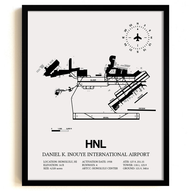 Framed Detailed Airport Map of Daniel K Inouye International Airport (HNL) in White with a Black Frame