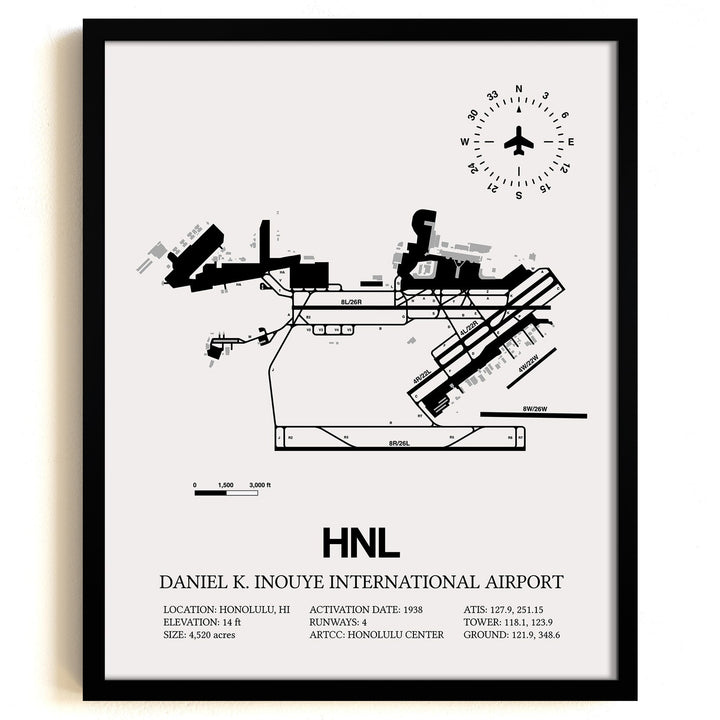 Framed Detailed Airport Map of Daniel K Inouye International Airport (HNL) in White with a Black Frame
