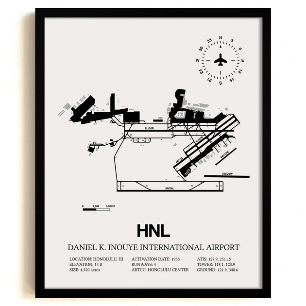 Daniel K Inouye International Airport (HNL) Framed Detailed Airport Map ...