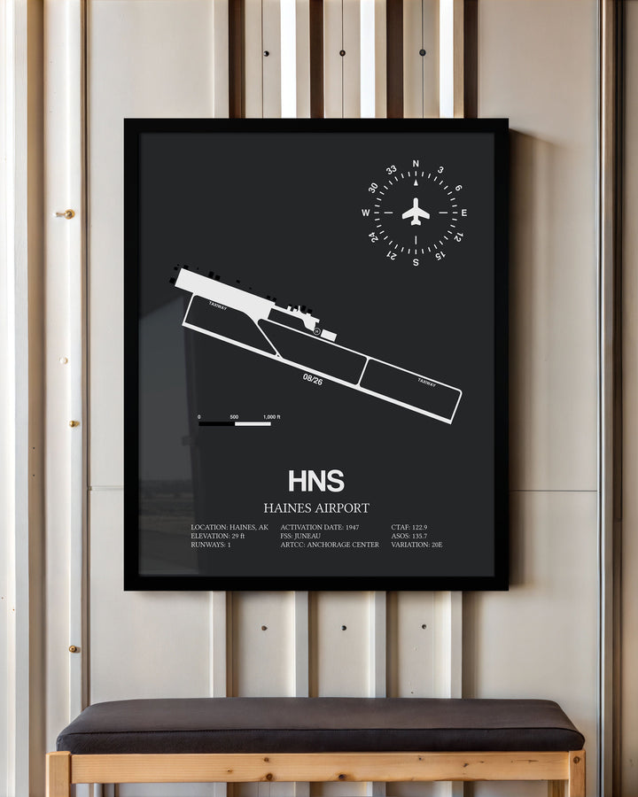Framed Detailed Airport Map of Haines Airport (HNS) in Gray with a Black Frame