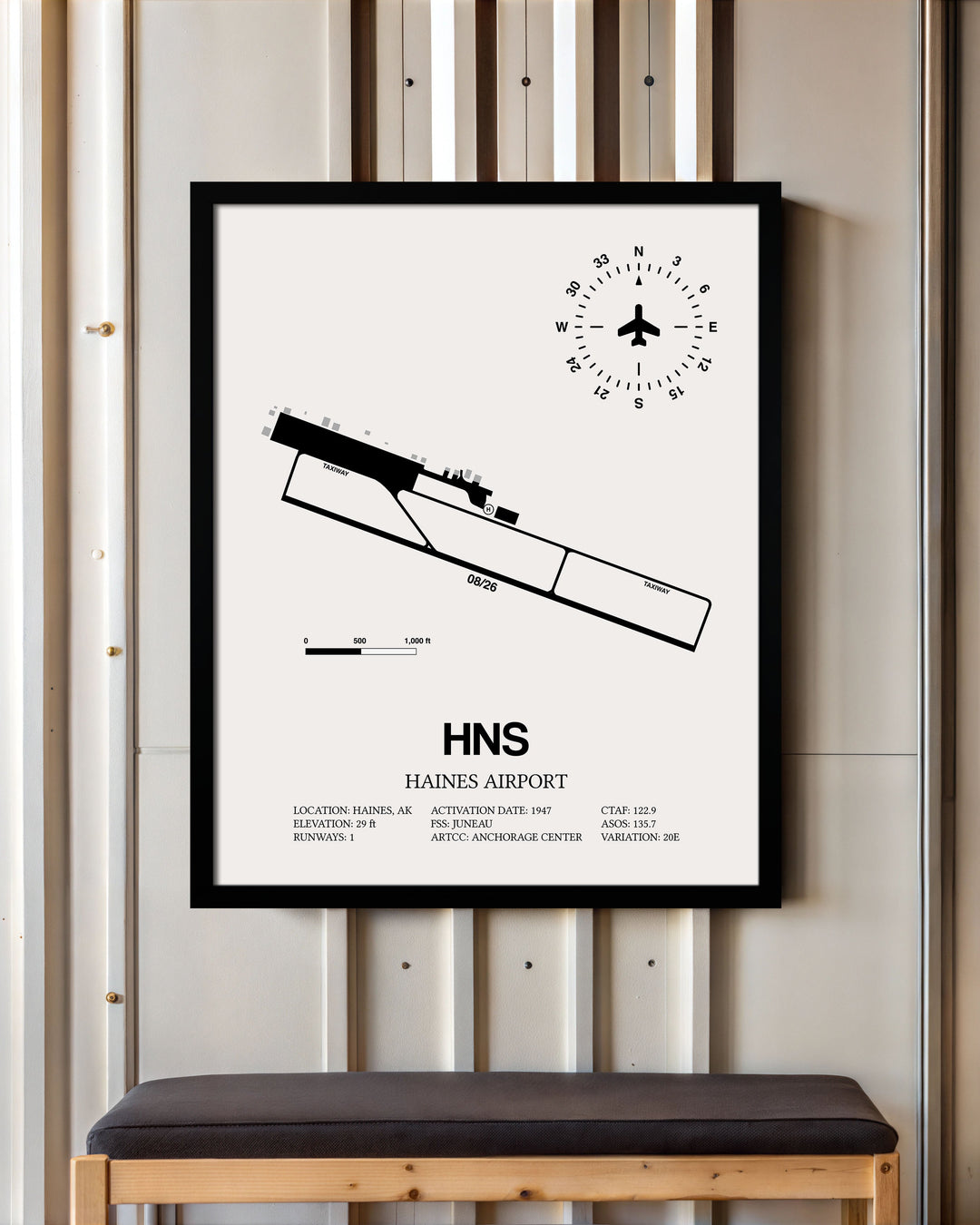 Framed Detailed Airport Map of Haines Airport (HNS) in White with a Black Frame