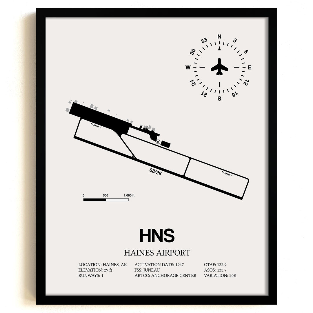 Framed Detailed Airport Map of Haines Airport (HNS) in White with a Black Frame