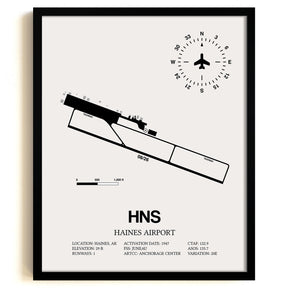 Framed Detailed Airport Map of Haines Airport (HNS) in White with a Black Frame