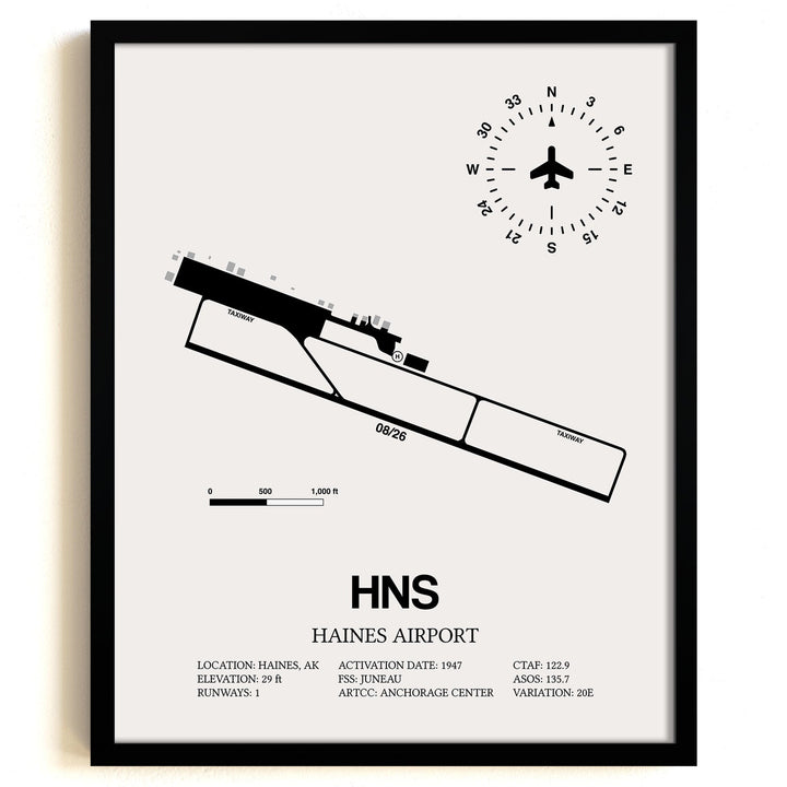 Framed Detailed Airport Map of Haines Airport (HNS) in White with a Black Frame