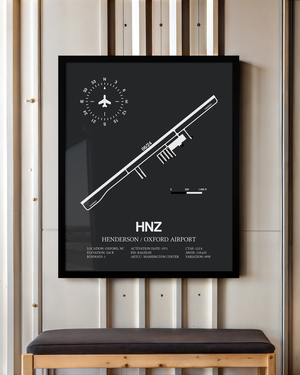 Framed Detailed Airport Map of Henderson/Oxford Airport (HNZ) in Gray with a Black Frame