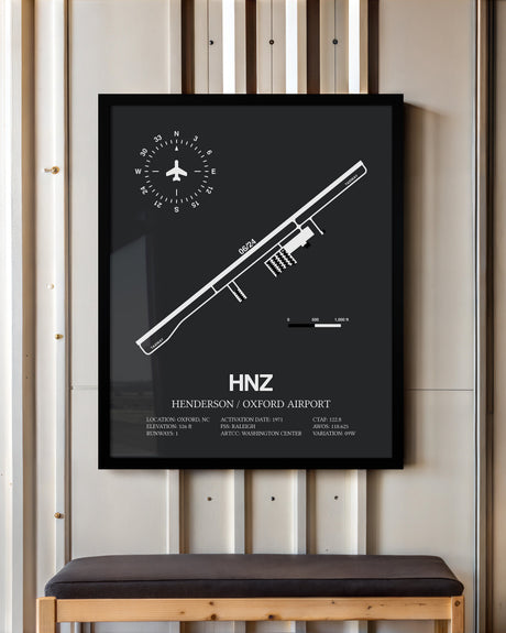 Framed Detailed Airport Map of Henderson/Oxford Airport (HNZ) in Gray with a Black Frame