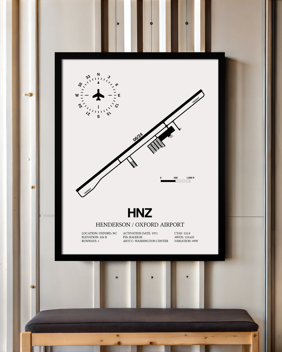 Framed Detailed Airport Map of Henderson/Oxford Airport (HNZ) in White with a Black Frame