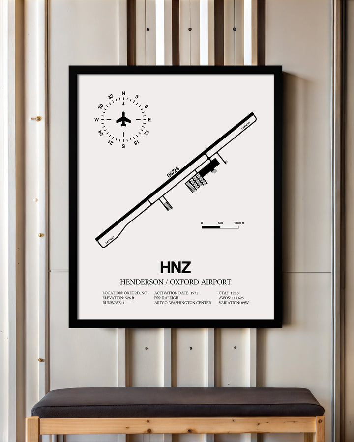 Framed Detailed Airport Map of Henderson/Oxford Airport (HNZ) in White with a Black Frame