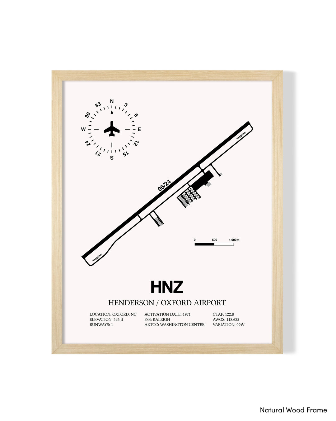 Detailed Airport Map of Henderson/Oxford Airport (HNZ) in White with a Natural Frame