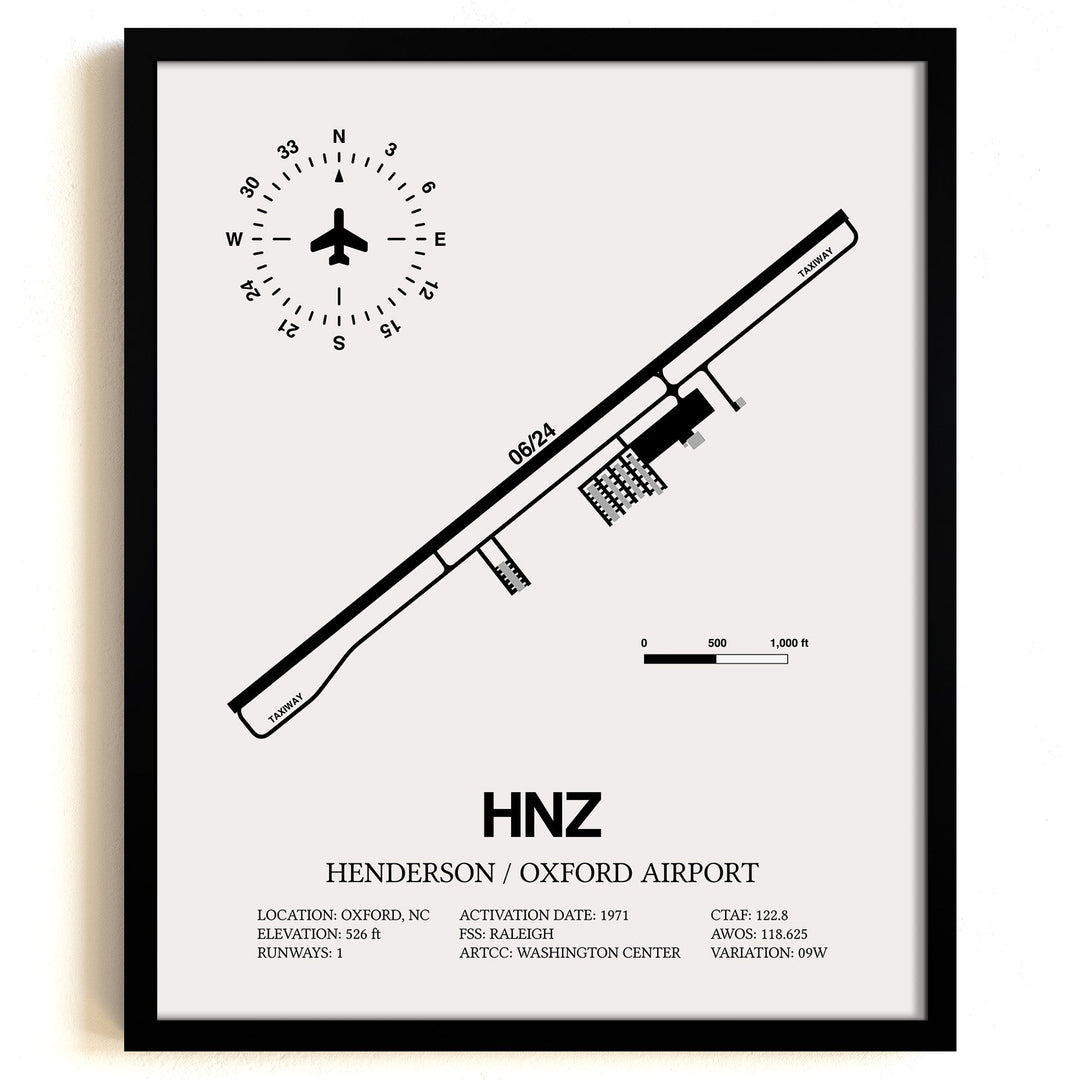 Framed Detailed Airport Map of Henderson/Oxford Airport (HNZ) in White with a Black Frame