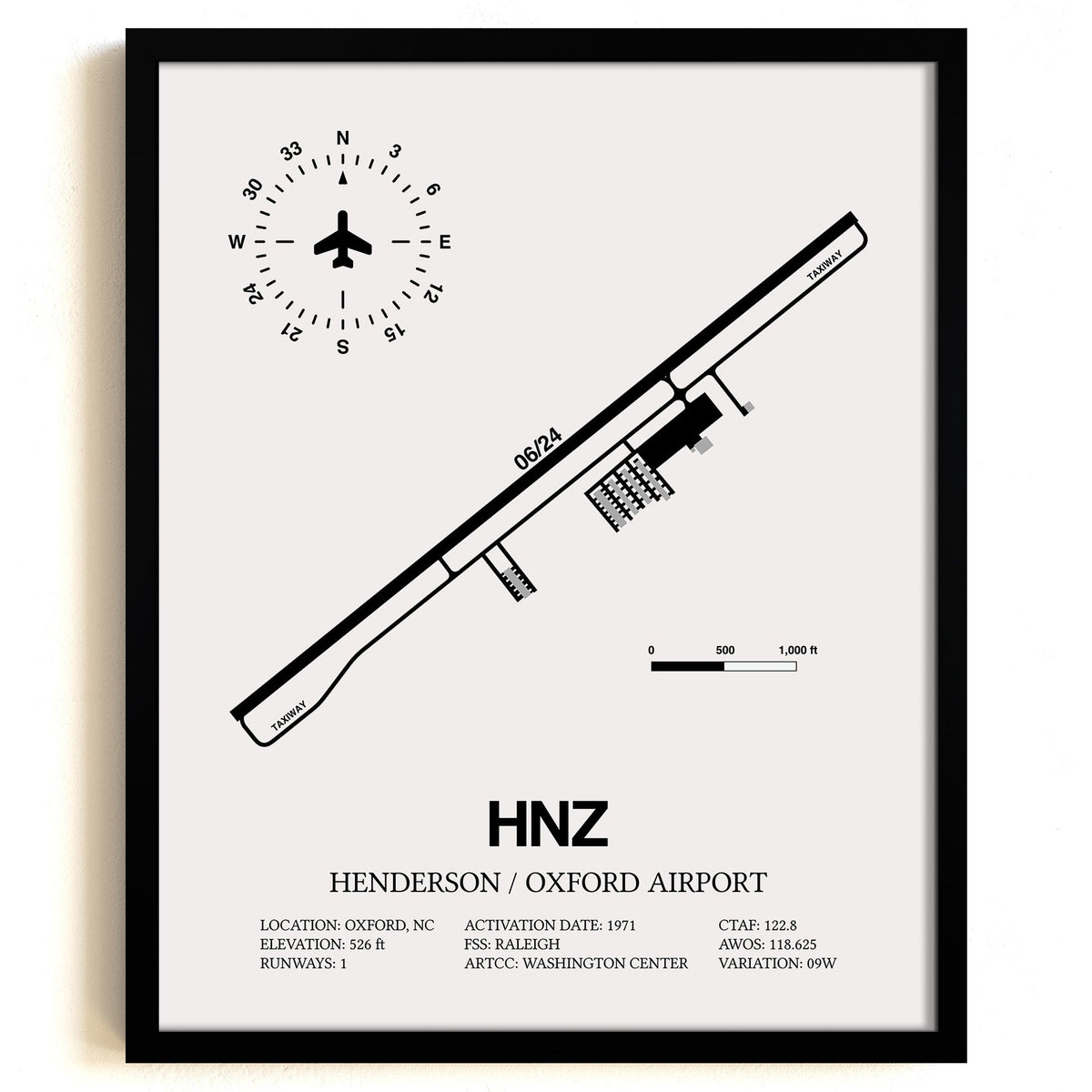 Framed Detailed Airport Map of Henderson/Oxford Airport (HNZ) in White with a Black Frame