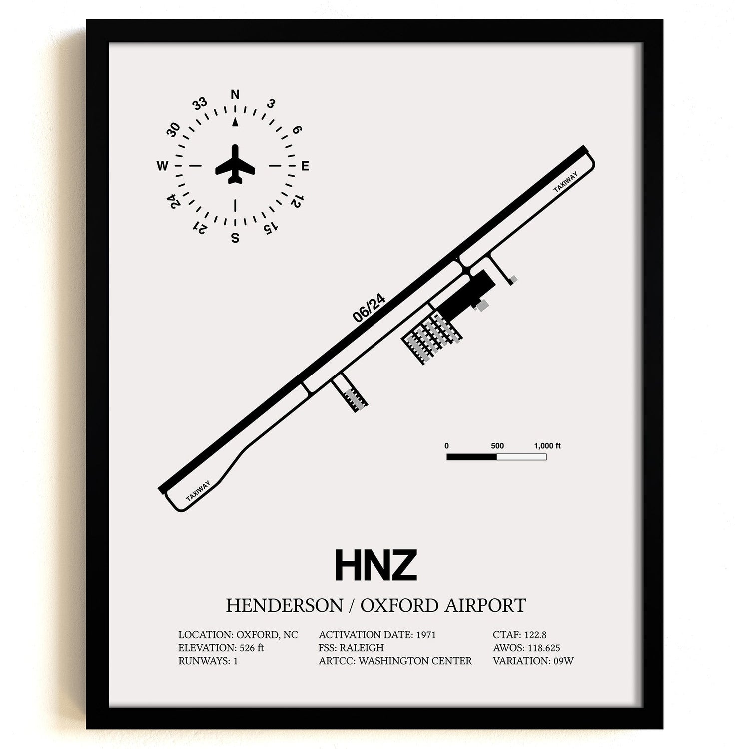 Framed Detailed Airport Map of Henderson/Oxford Airport (HNZ) in White with a Black Frame