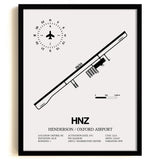 Framed Detailed Airport Map of Henderson/Oxford Airport (HNZ) in White with a Black Frame