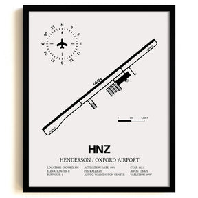 Framed Detailed Airport Map of Henderson/Oxford Airport (HNZ) in White with a Black Frame
