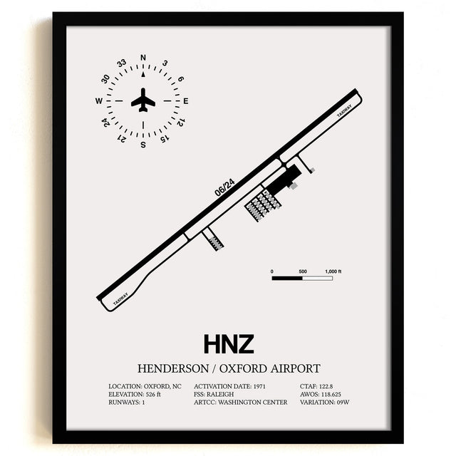 Framed Detailed Airport Map of Henderson/Oxford Airport (HNZ) in White with a Black Frame
