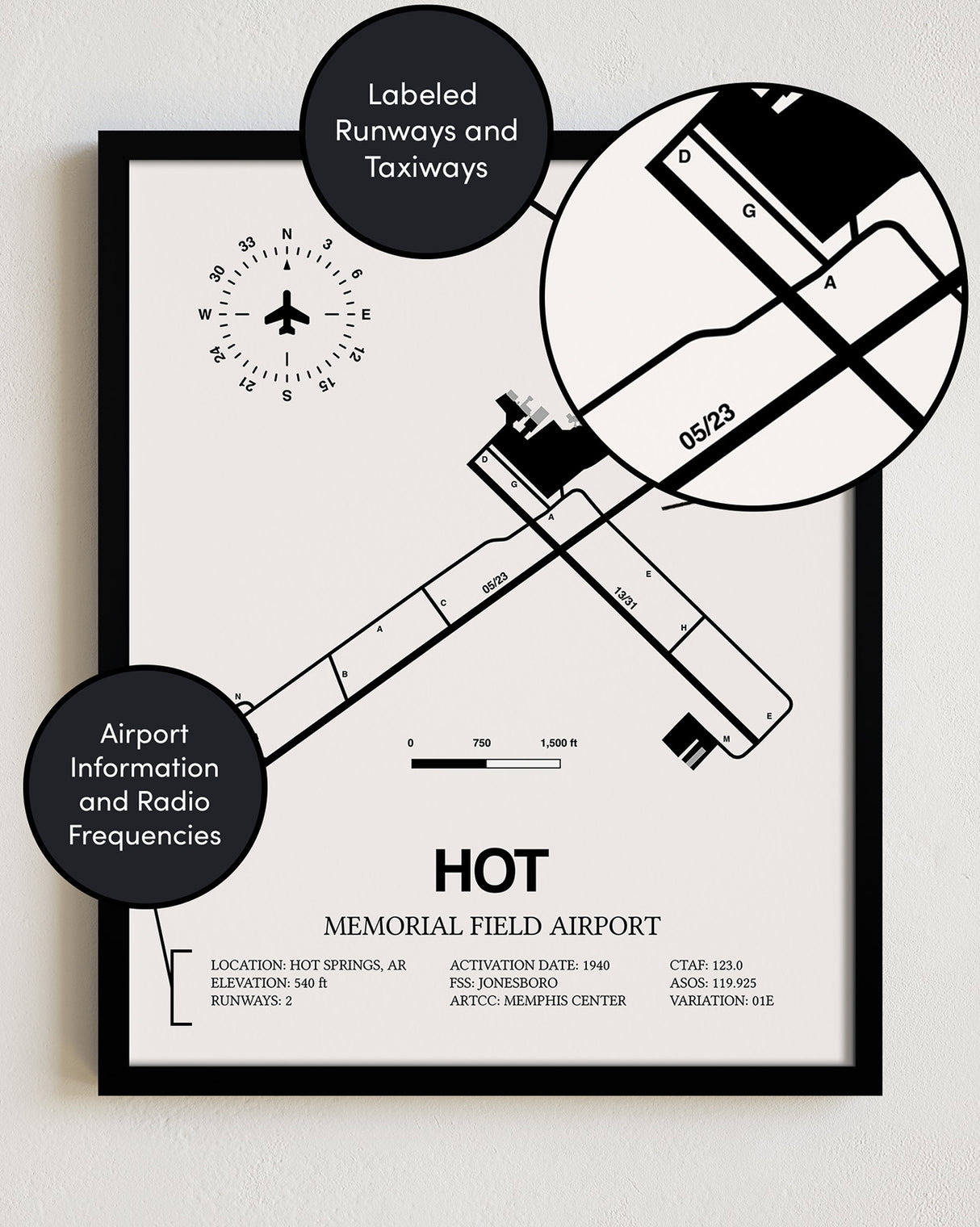 Framed Detailed Airport Map of Memorial Field Airport (HOT) in White with a Black Frame