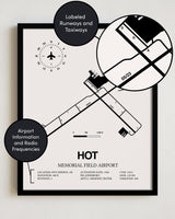 Framed Detailed Airport Map of Memorial Field Airport (HOT) in White with a Black Frame
