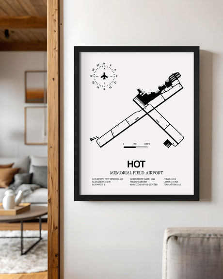 Framed Detailed Airport Map of Memorial Field Airport (HOT) in White with a Black Frame