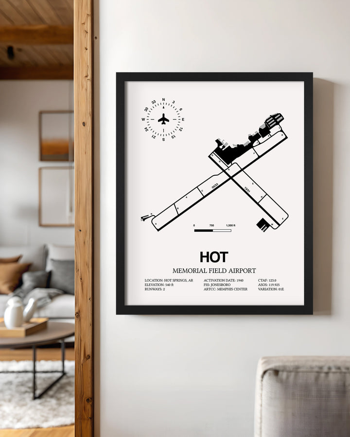 Framed Detailed Airport Map of Memorial Field Airport (HOT) in White with a Black Frame