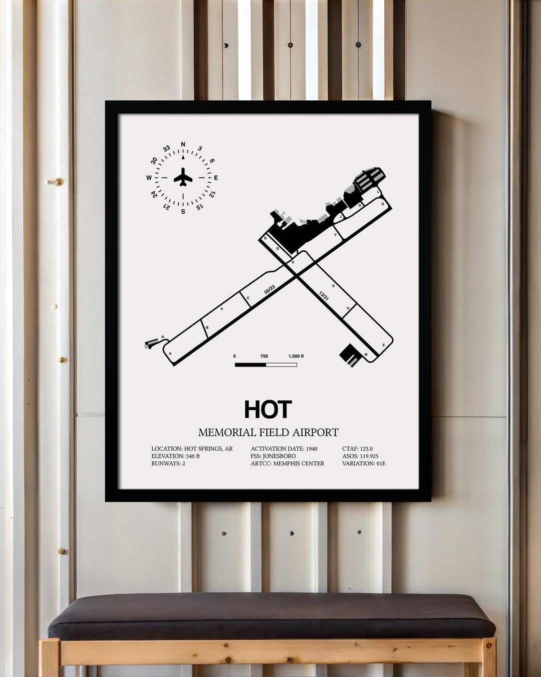 Framed Detailed Airport Map of Memorial Field Airport (HOT) in White with a Black Frame