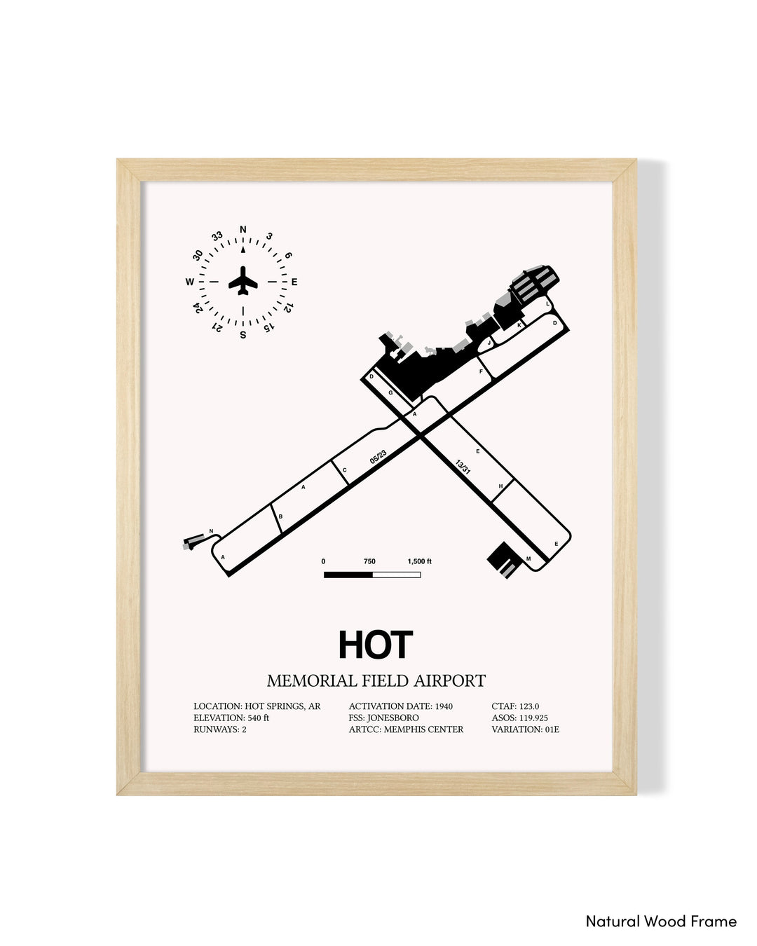 Detailed Airport Map of Memorial Field Airport (HOT) in White with a Natural Frame