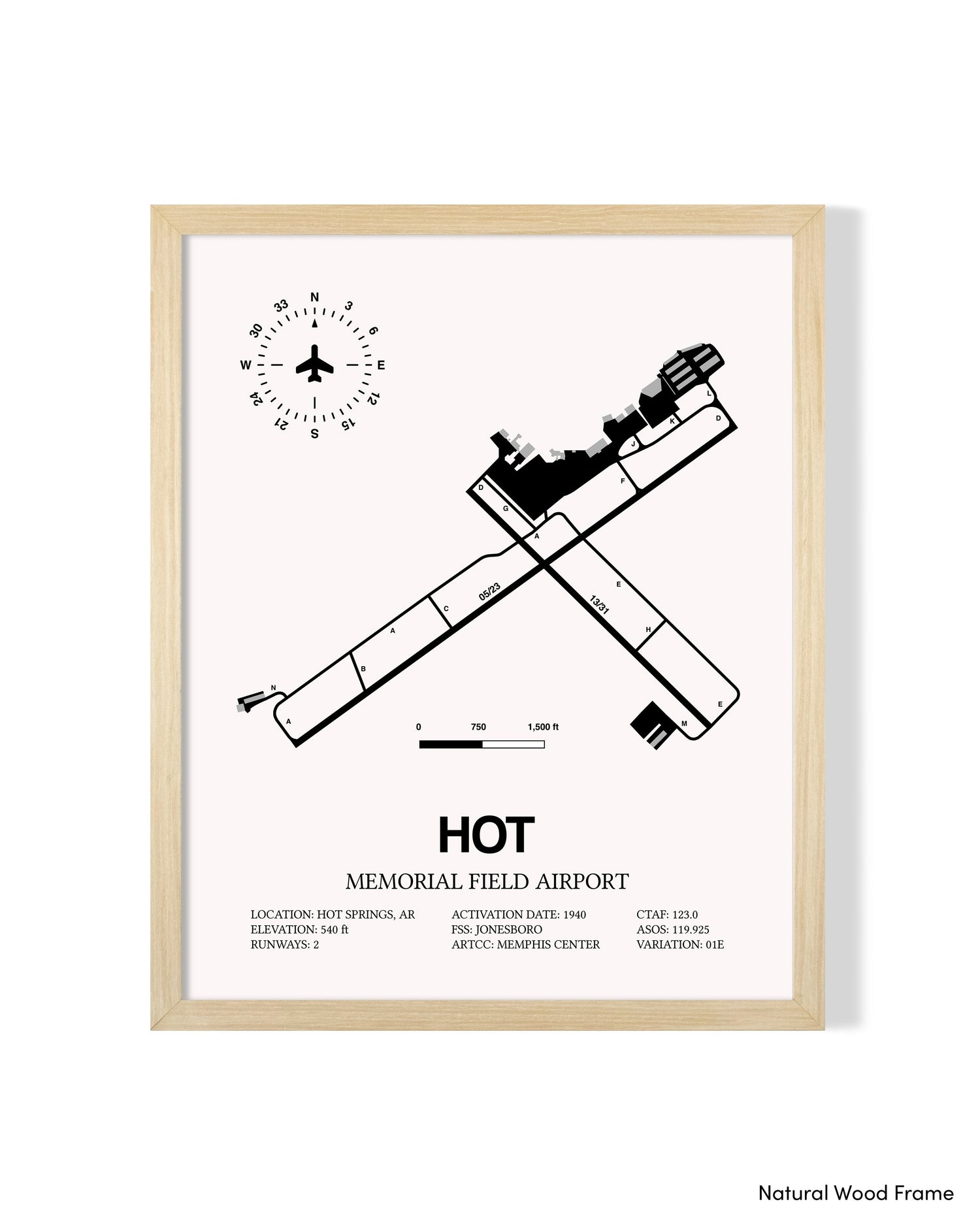 Detailed Airport Map of Memorial Field Airport (HOT) in White with a Natural Frame