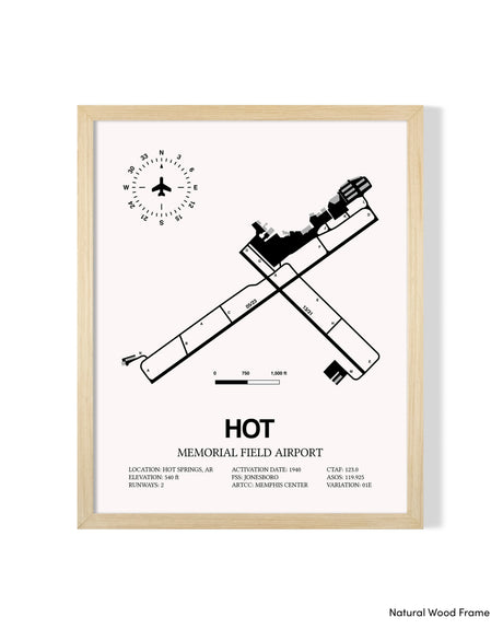 Detailed Airport Map of Memorial Field Airport (HOT) in White with a Natural Frame