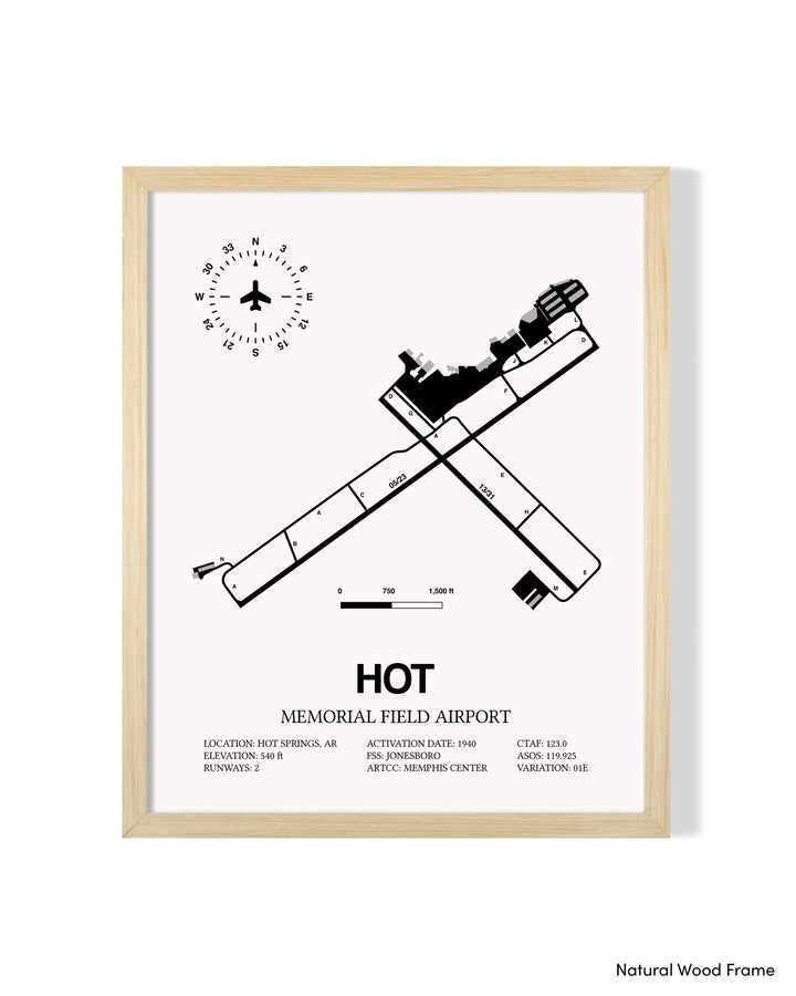 Detailed Airport Map of Memorial Field Airport (HOT) in White with a Natural Frame