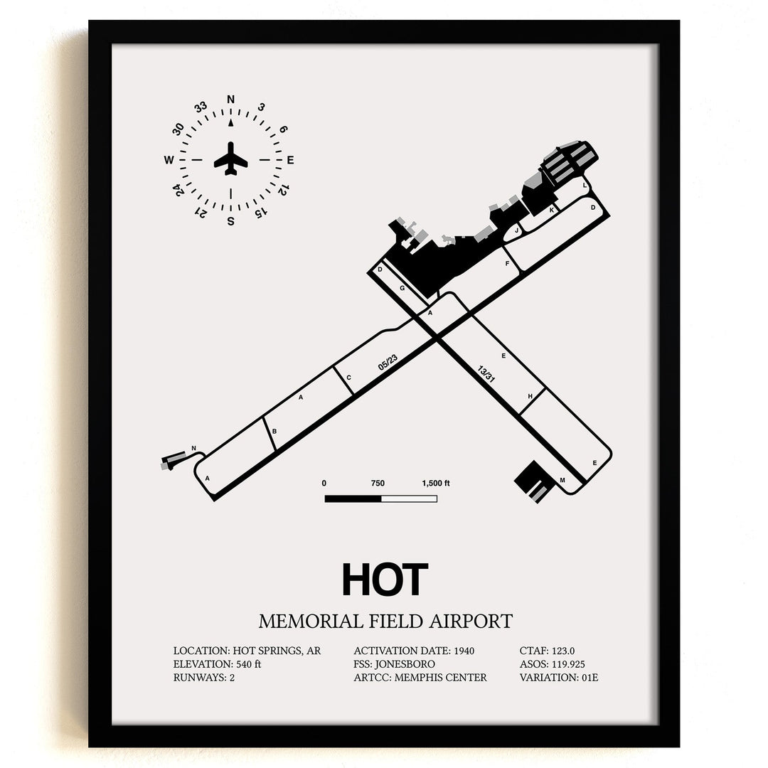 Framed Detailed Airport Map of Memorial Field Airport (HOT) in White with a Black Frame