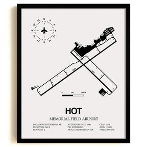 Framed Detailed Airport Map of Memorial Field Airport (HOT) in White with a Black Frame
