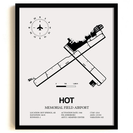 Framed Detailed Airport Map of Memorial Field Airport (HOT) in White with a Black Frame